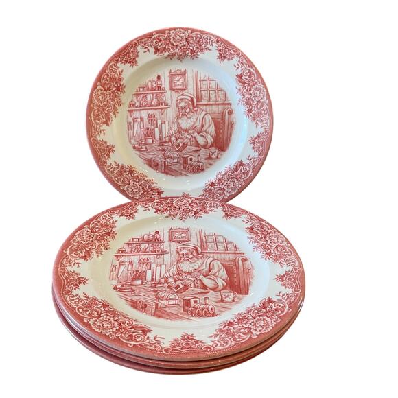 4pc Royal Stafford Christmas SANTA'S WORKSHOP Porcelain Dinner Plates 11" Red - Picture 11 of 15